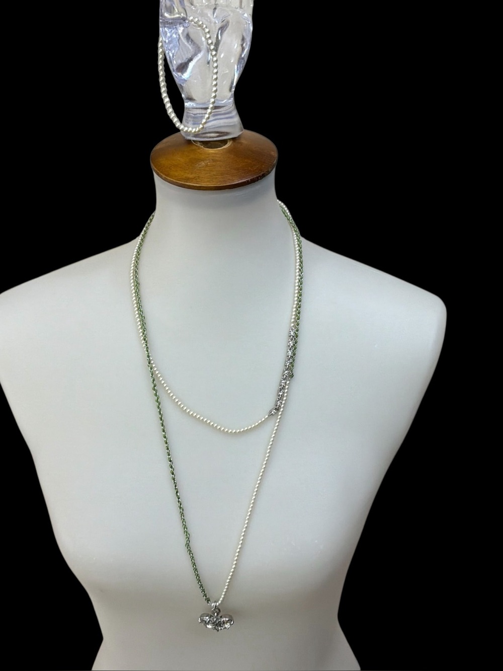 Ann Taylor Faux Pearl & Green Cord Layered Necklace + Stretch Pearl Bracelet Set